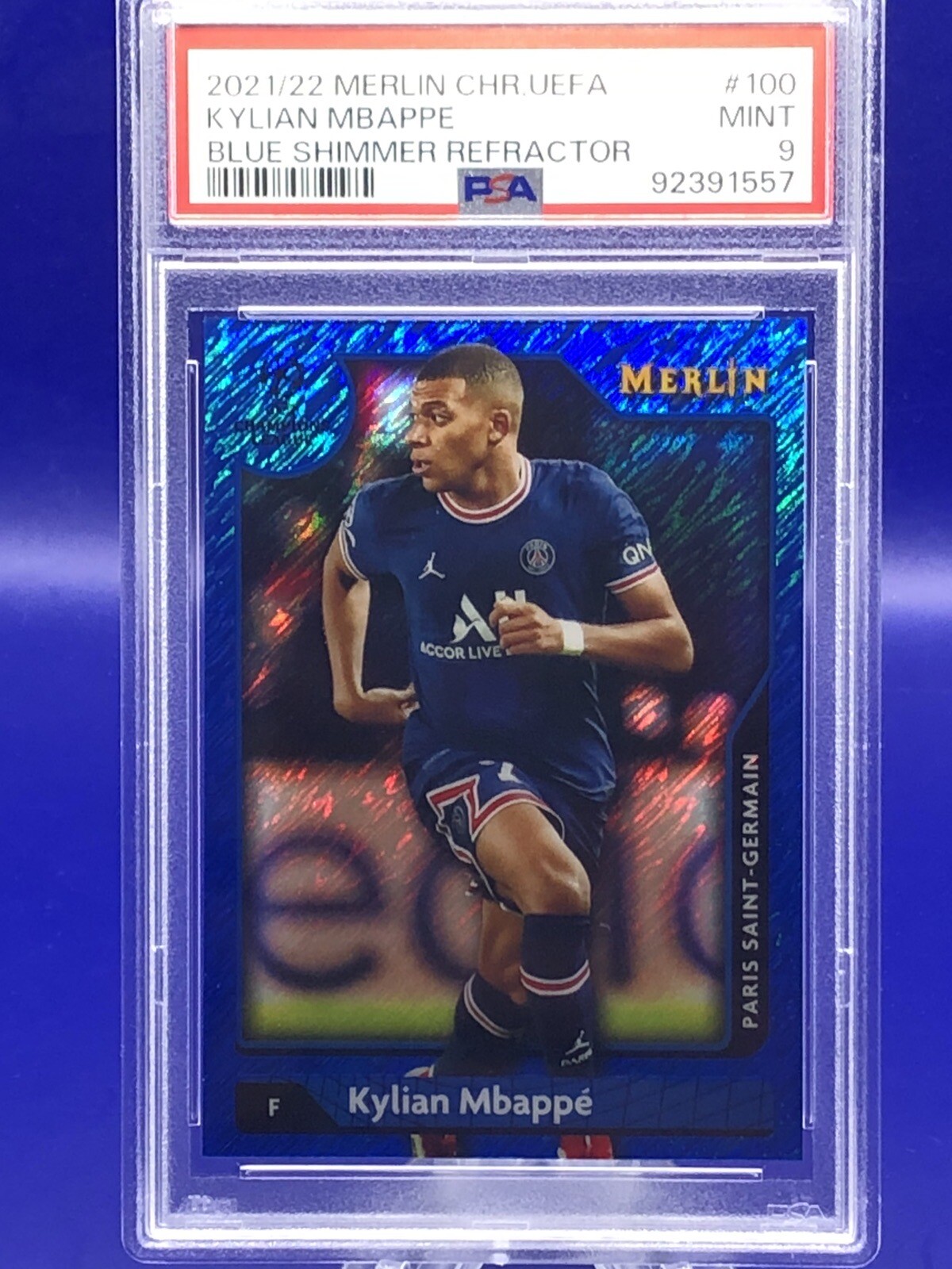 KYLIAN MBAPPE 2022 TOPPS CHROME MERLIN UEFA BLUE SHIMMER /75 PSA 9 FRANCE PSG