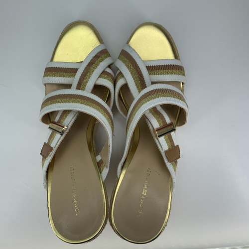 Tommy Hilfiger Sz 10 TWPARFAIT Espadrille White Gold Brown Strappy Wedge Sandals - Picture 8 of 14