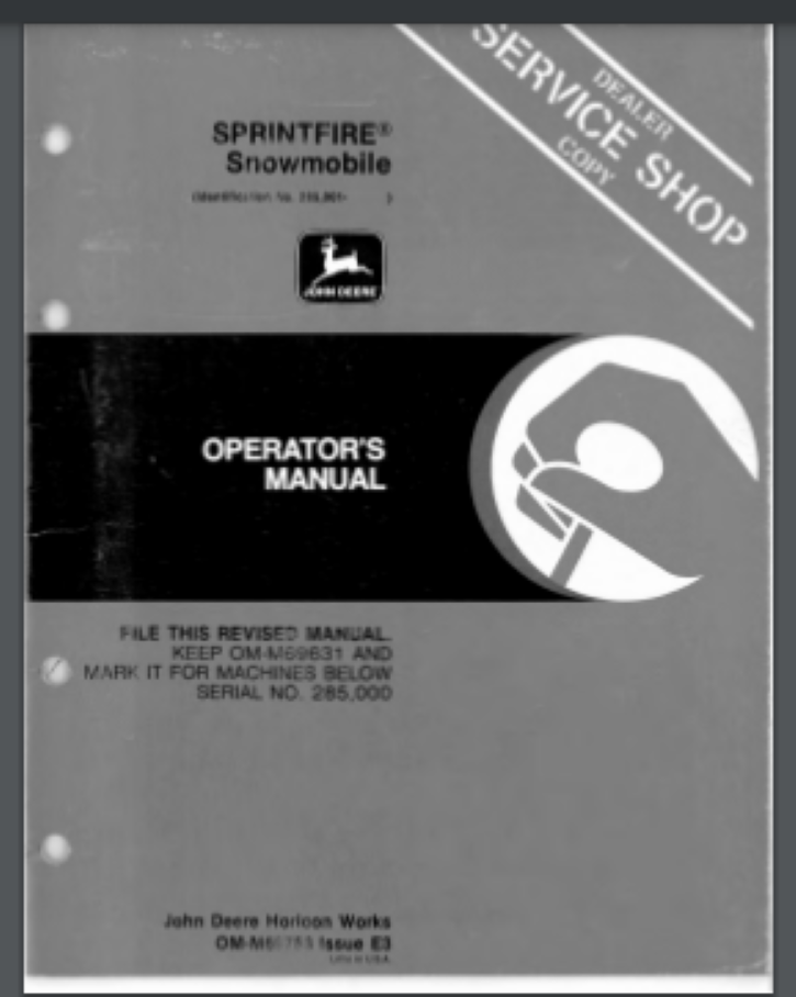 1984 John Deere Sprintfire Snowmobile Owner Service Manual