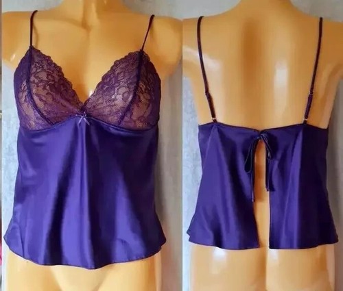 LADIES CAMI TOP SHORT CAMISOLE LINGERIE BLACK SEXY LACY SILK SATIN UK 6-8 NEW - Picture 8 of 8