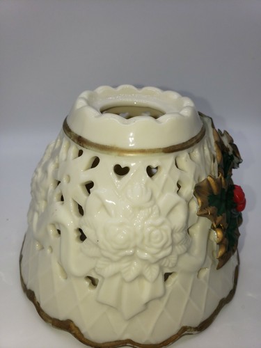 Ceramic Christmas Ivory Gold Embossed Candle Shade Topper-Holiday Holly Berry - Picture 4 of 5