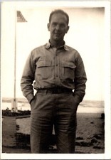 Vtg Found B W Photo WW2 US Army Soldier Military Man Uniform 1940s Flag Snapshot
