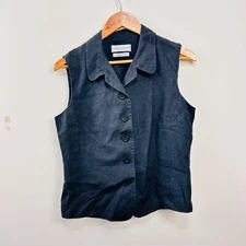 David Lawrence 100% Linen Black Collared Waist Coast Vest Button Up 12