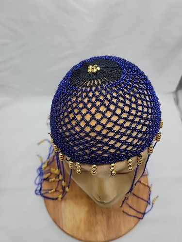 Beaded Belly Dancing Headpiece Blue With Gold Beads - Picture 2 of 7