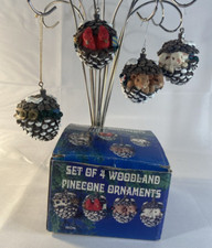 Set of 4 Vintage Woodland Pinecone Christmas Ornaments Raccoon Bird Mice Bunny
