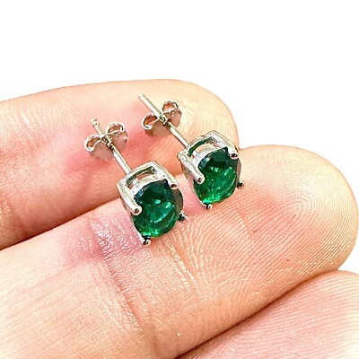 Genuine Emerald Round Basket Set Stud Earrings in Sterling Silver