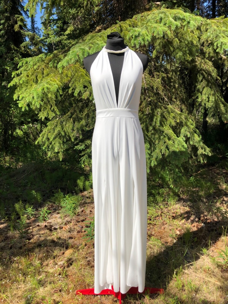 NEW White Formal Split Leg Chiffon Backless Pearl Halter Jumpsuit