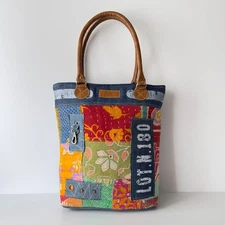 Colorful Patchwork Canvas Tote Bag with Denim – Upcycled Shoulder Handbag