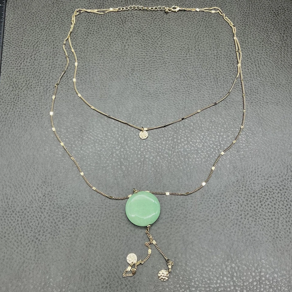 Layered Gold Tone Necklace Double Chain Green Jade Pendant Statement Jewelry - Image 2 of 4