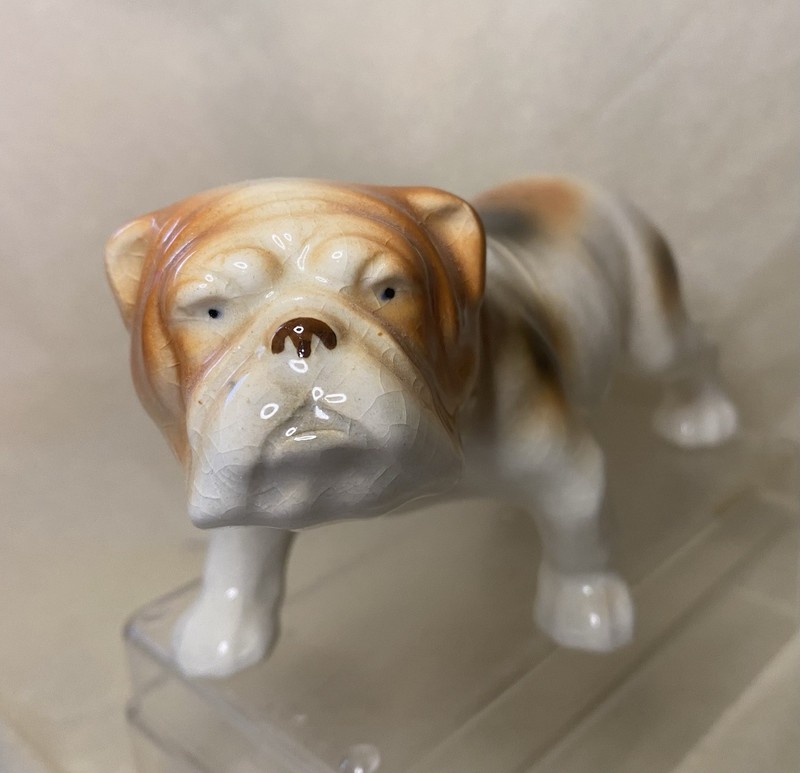 Vintage Figurine, Bull Dog, White With Brown Spots. Japan