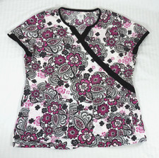 Women's Med Couture Floral Medical Scrub Top Large. Pink, Black, White, Gray