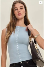 REFORMATION JULIE KNIT TOP MINERAL BLUE SLEEVELESS BUTTON FRONT HIGH NECK Choose