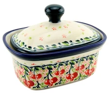 Polish Pottery Butter Dish / Container with Lid, 5.75" L x 4" W x 4" H, 14 Oz.