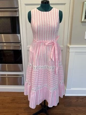 Lilly Pulitzer Maybella Gingham Lace Inset Cotton Dress Midi White Pink Size 10