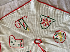Christmas Tree Skirt Handmade Knit / Crochet White Red 41" Vtg w/ color designs