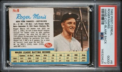 1962 Post Roger Maris Hand Cut Blank Back #6 PSA 2 New York Yankees