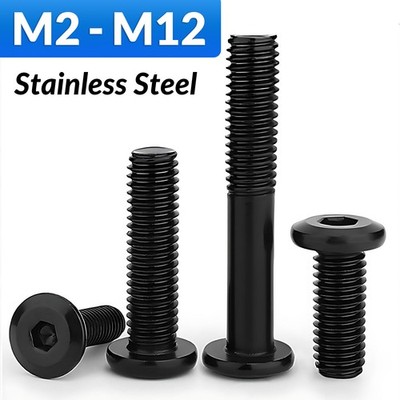 M2 M3 M4 to M12 Button Head Screws Hex Allen Key Socket Bolts Black A2 Stainless