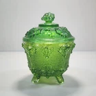 Vintage Jeanette Harvest Grape and Vine Green Footed Candy Dish With Lid