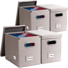 File Organizer Box - Set of 4 Collapsible Decorative Linen Filing Storage Han...