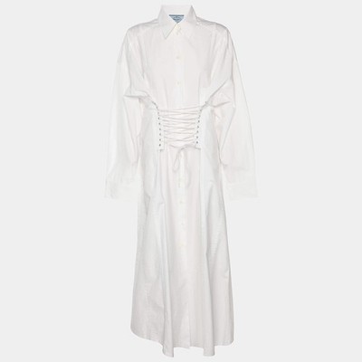 Prada White Cotton Lace Up Details Long Sleeve Shirt Maxi Dress M