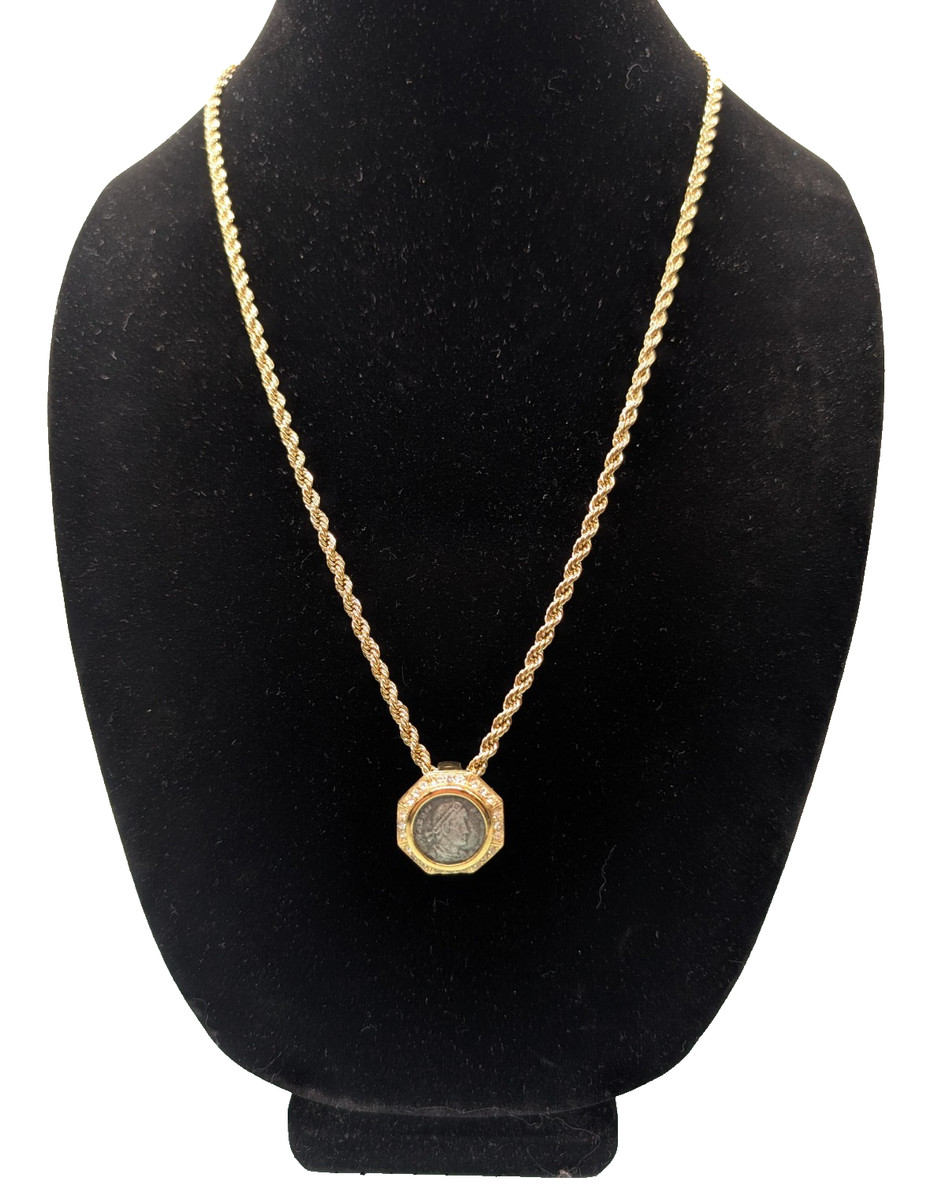 Vintage CINER Coin Pendant Necklace Scarf Slide Swarovski Crystals - Gold Plated View 6