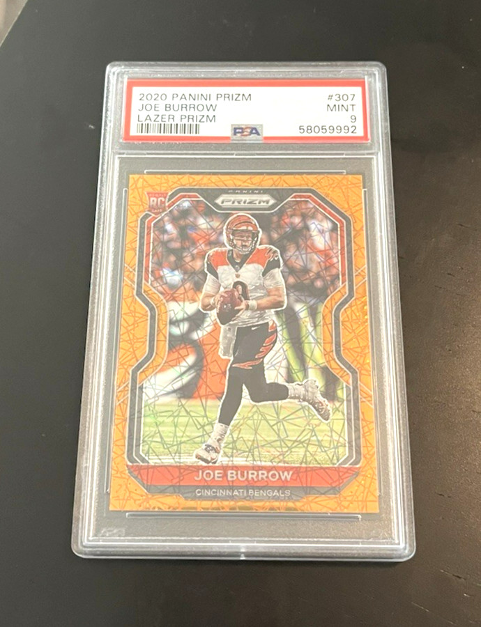 PSA 9 2020 Panini Prizm ORANGE LAZER SP Joe Burrow Rookie RC view 1