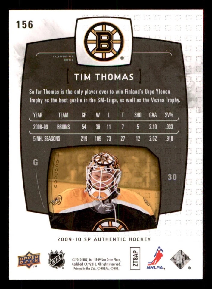 2009-10 SP Authentic #156 Tim Thomas ESS /1999 - Image 2 of 2