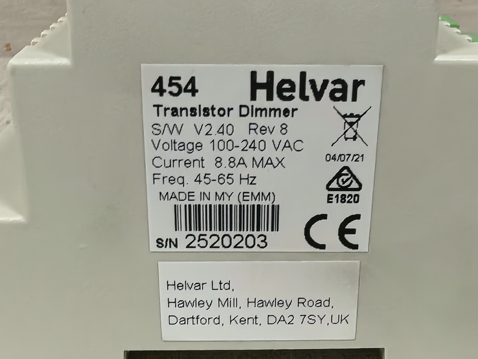 HELVAR 454 REV 8 S/W V2.40 HELVAR 454 TRANSISTOR DIMMER REV 8 S/W V2.40 100-240VAC 7