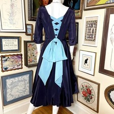 50s Vintage Midnight Blue Faille Scoop Neck Party Dress with Lacing and Butt Bow