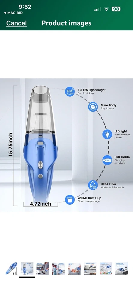 Aspirador de pó portátil sem fio Yoohi - Imagem 2 de 4