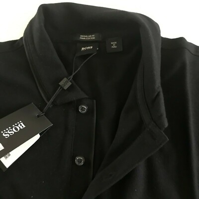 NWT Hugo Boss Mens Regular Fit Pima Cotton Solid Polo Shirt Black 