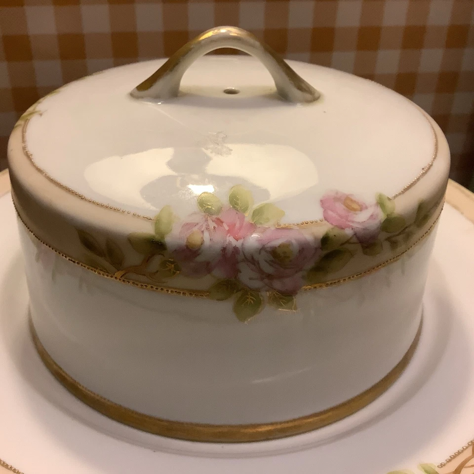 Antiguo ~ Plato de mantequilla pintado a mano ~ Nipón ~ Flores rosas/verdes ~ Porcelana ~ Redondo/encantador Foto 3 de 4