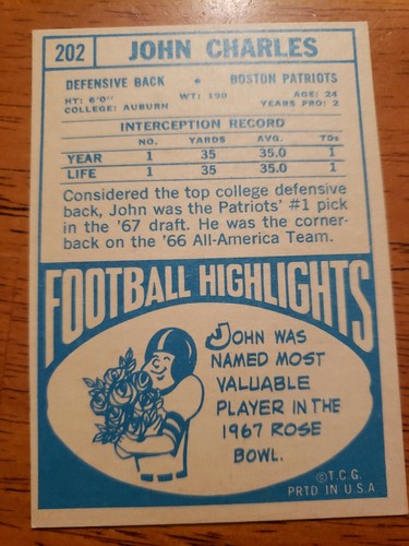 1968 Topps Partial Set Break #202 John Charles EXMT - Picture 2 of 2