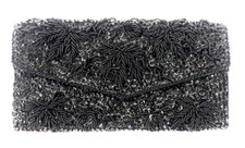 Rectangular Black Satin Beaded Sequin Evening Party Envelope Purse Snap Closure