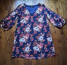 LULUS Womens S 2/4 Navy Blue Pink Peach Floral V Neck Split Sleeve Short Dress