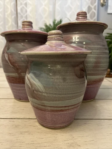 Set 3 Vintage Studio Pottery Canisters Gary Timinsky California Pastels Perfect!