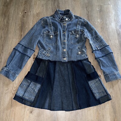 Funky Threads Jean Jacket Trench Patchwork Button Up Size Small/Medium Fit Flare