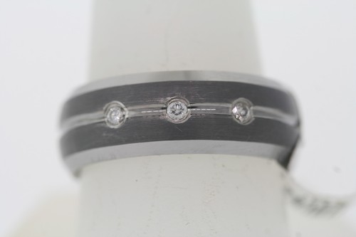 Triton 8mm Tungsten 3 Diamond Satin Grooved Center Polish Beveled Edge Band Ring - Picture 4 of 8