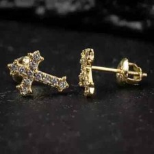 1.60 Ct Round Cut Real Moissanite Cross Stud Earrings 14K Yellow Gold Plated