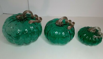 Wide Art Glass Pumpkin Teal Blue Green Translucent With Gold Stem Lot of 3