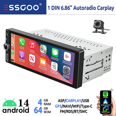 Android 14 6.86'' Autoradio 1 DIN 4+64GB Carplay +Kam GPS Navi USB Typ-C WIFI RDS