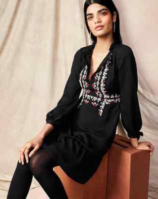 ann taylor long sleeve flare dress NWOT~ANN TAYLOR~Black EMBROIDERED Ruffle Hem FLARE Dress~6~NEW!
