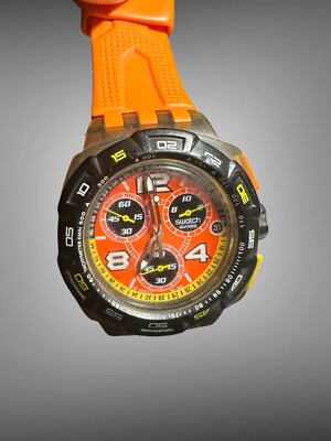 SWATCH Sun Down Chronograph Black Orange Quartz Watch SUIM400 New Battery EUC