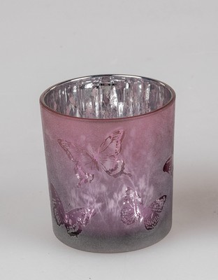 Teelichthalter, Windlicht SCHMETTERLINGE lila silber H. 8cm Glas Formano F25
