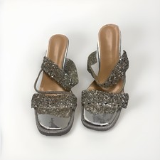 Women  s Clear Rhinestone Square Toe High Heel Sandals With Waterproof Platform.