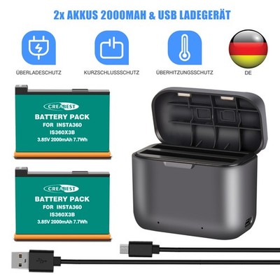 2x 2000mAh IS360X3B Akku + Dual Ladegerät Für Insta360 One X3 Action Kamera