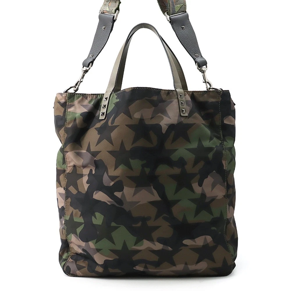 Valentino — Valentino Garavani Rock Studded Camouflage Star Pattern 2-Way Tote Nylon/Lea...