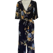 Floral Print Navy and Gold Jumpsuit with Tie Waist