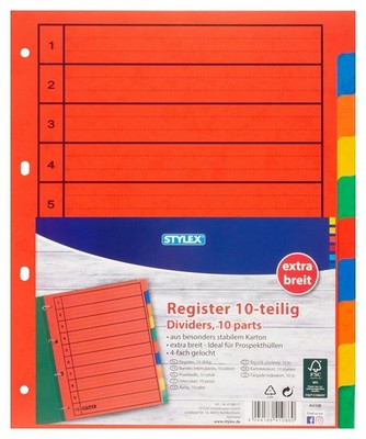 Ordner Register A4 10-teilig extra breit farbiger Karton Bürobedarf Stylex 41086