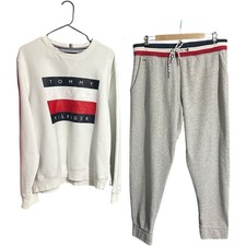 Tommy Hilfiger Sweat Suit 2 Piece Mens Gray White Sweater Pants Size Large